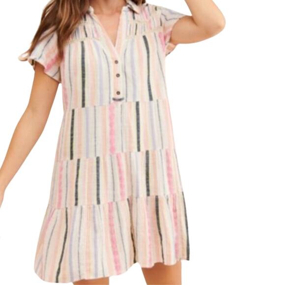 ANTHROPOLOGIE Short Sleeve Georgina Tiered Striped Shirt Dress Womens (M-Petite) - Picture 2 of 15